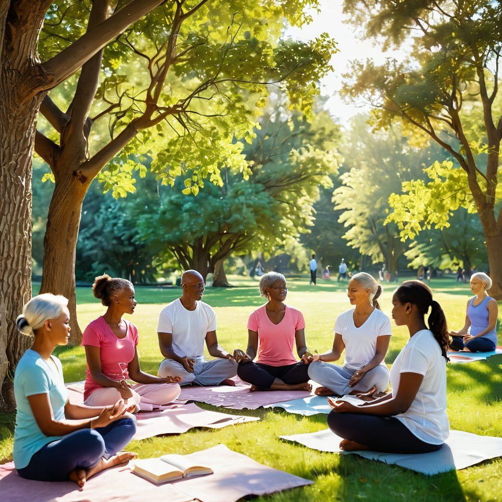 A serene and hopeful scene depicting a diverse group of cancer survivors in a sunlit park, engaged in various activities like reading, yoga, and discussing health strategies together. In the backdrop, an abstract representation of DNA strands and cells signifies cutting-edge oncology research. Gentle rays of sunlight filter through the trees, creating an uplifting atmosphere. vibrant colors. super-realistic.